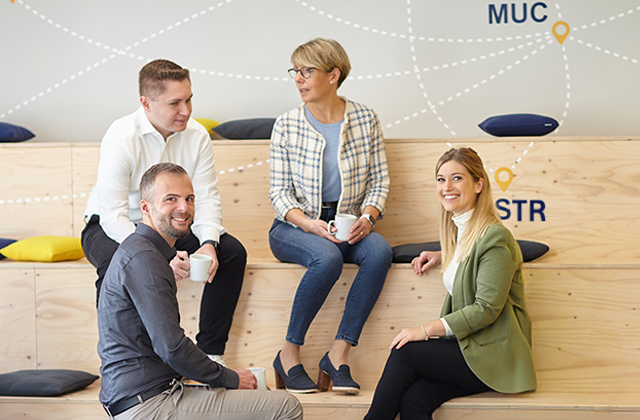 group of employees on stairs